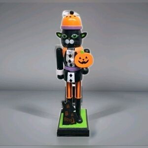Spooky Black Cat Nutcracker with Pumpkin